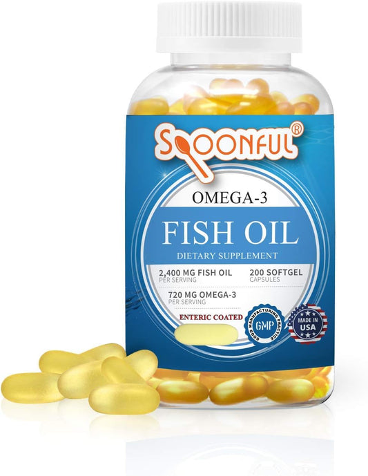 Enteric Coated Omega 3 Fish Oil 2400mg, 200 Capsules, Burpless, Rapid Release Softgels, USA Made, NSF-Certified