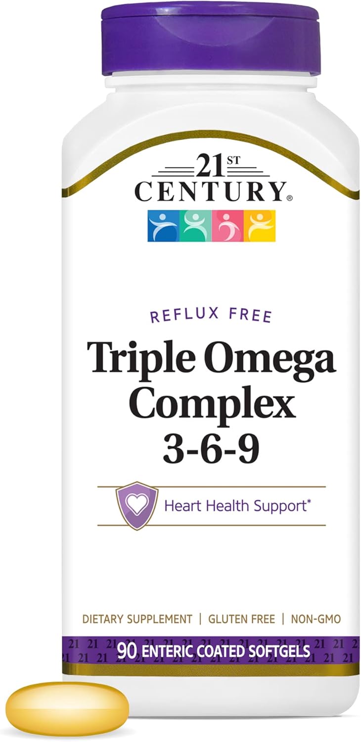 Enteric Coated Triple Omega 3-6-9 Complex Softgels for Reflux Relief - 90 Count