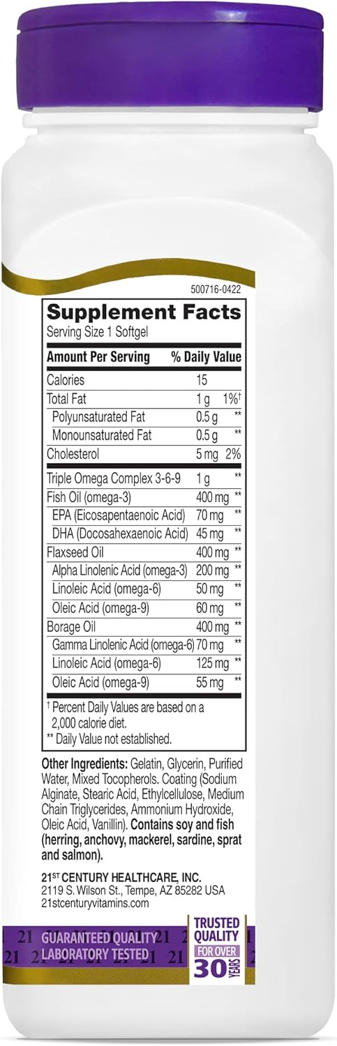 Enteric Coated Triple Omega 3-6-9 Complex Softgels for Reflux Relief - 90 Count