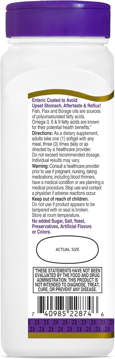 Enteric Coated Triple Omega 3-6-9 Complex Softgels for Reflux Relief - 90 Count