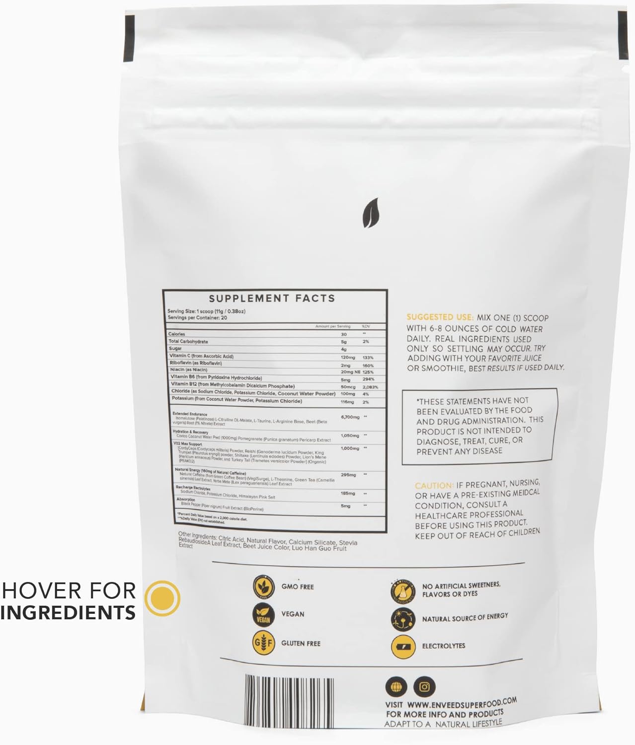 Enveed Superfood Active: Natural Pre Workout Powder with Yerba Mate, Green Coffee, and Himalayan Pink Salt - Sustained Energy, No Jitters - 20 Servings