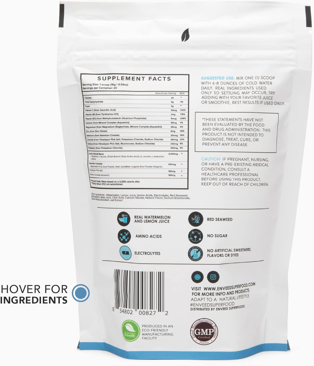 Enveed Superfood Hydration Mix with Vitamin C, Zinc, Magnesium & BCAA Amino Acids - Sugar Free Active Muscle Recovery for Men & Women - 20 Servings