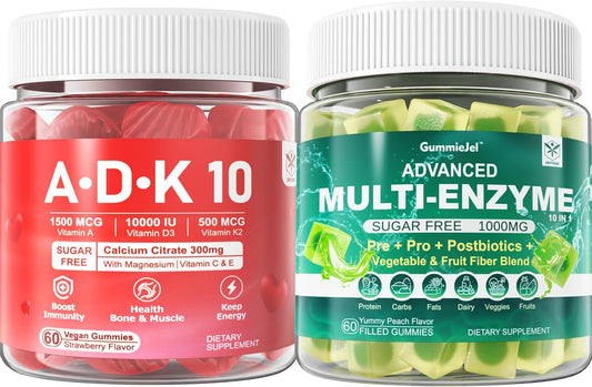 EnvyCure Digestive Enzymes Gummies - 1000mg Chewables with Probiotics, Prebiotics, Fiber, and Vitamins ADK. Calcium, Magnesium, and Zinc Supplement Included.