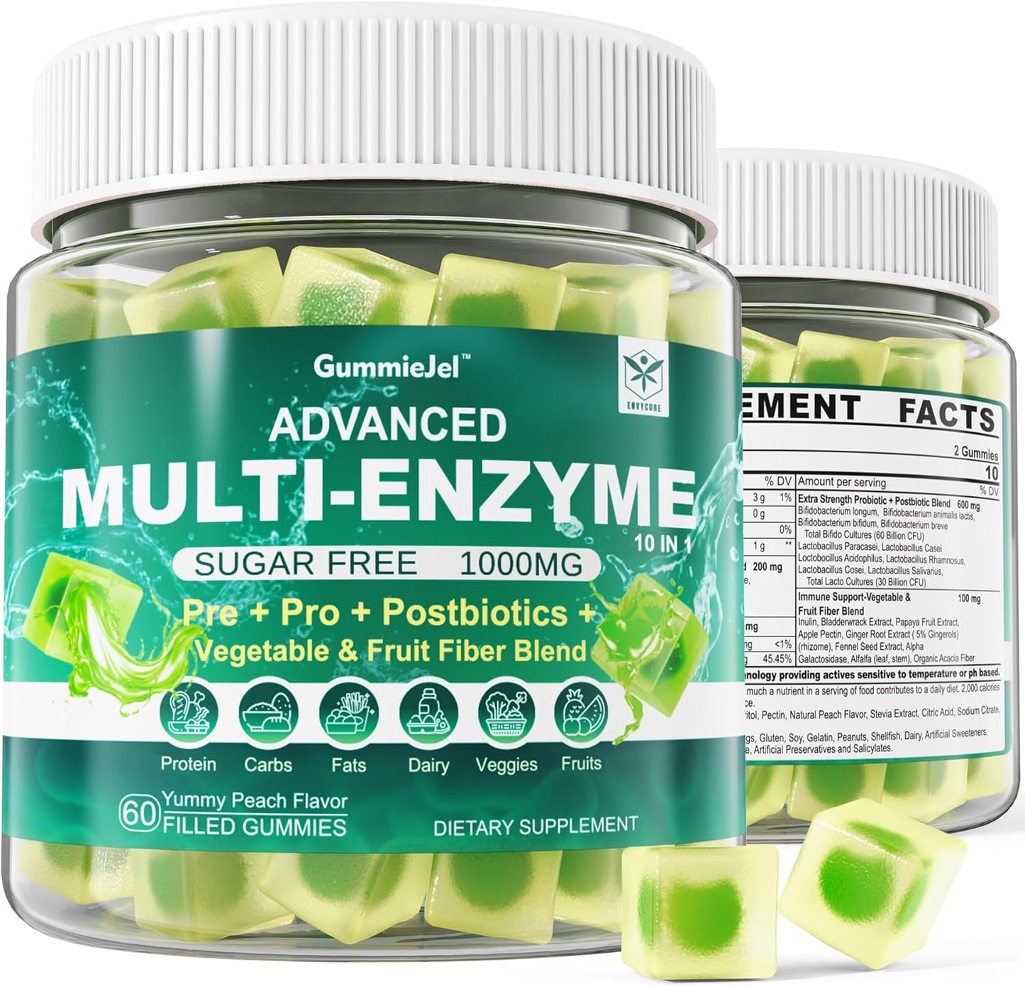 EnvyCure Digestive Enzymes Gummies - 1000mg Chewables with Probiotics, Prebiotics, Fiber, and Vitamins ADK. Calcium, Magnesium, and Zinc Supplement Included.