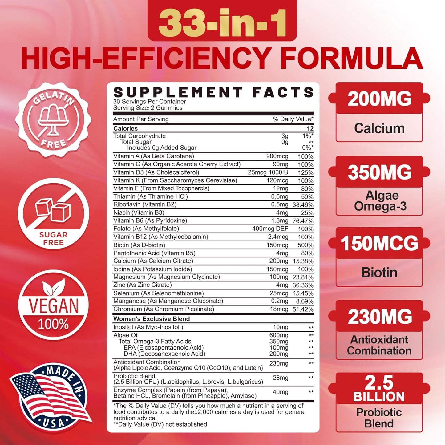 envycure Women's Sugar-Free Multivitamin Gummies with Omega-3, Enzymes & Antioxidants - 60 ct Bottle for Overall Health & Immunity