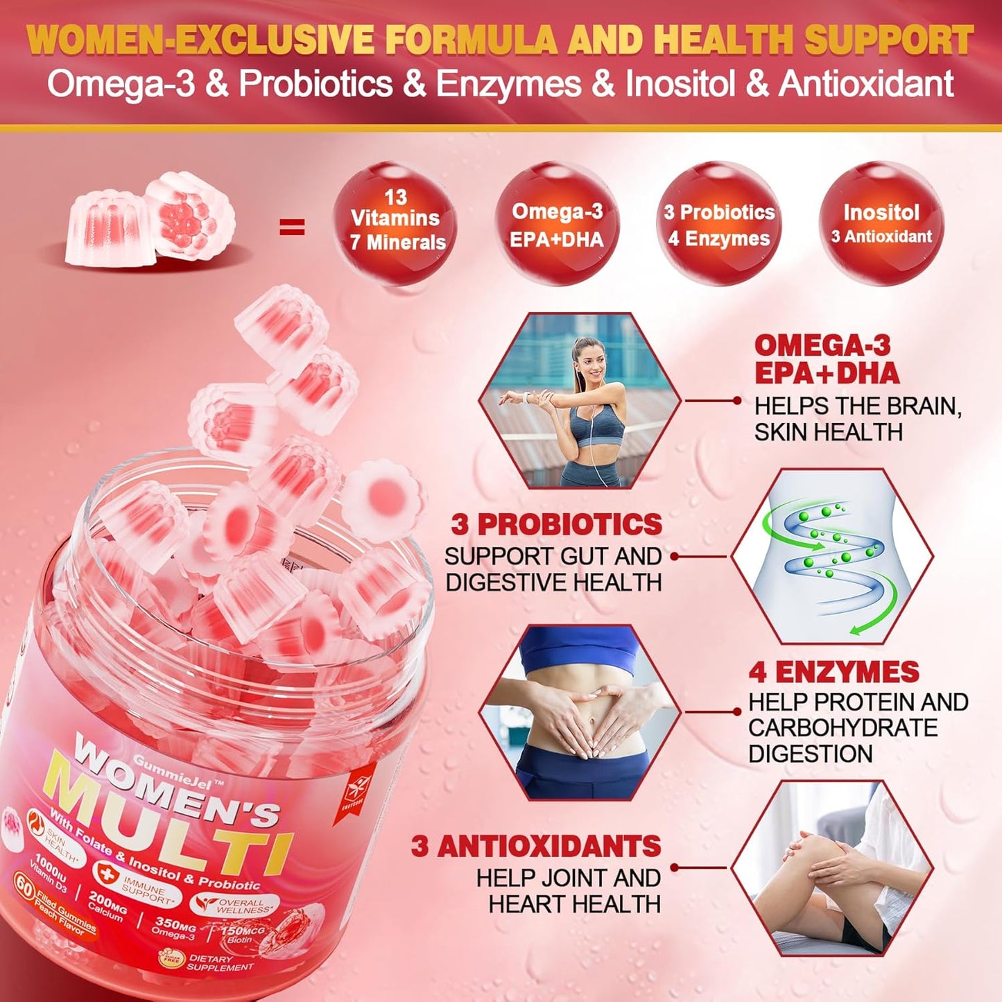 envycure Women's Sugar-Free Multivitamin Gummies with Omega-3, Enzymes & Antioxidants - 60 ct Bottle for Overall Health & Immunity