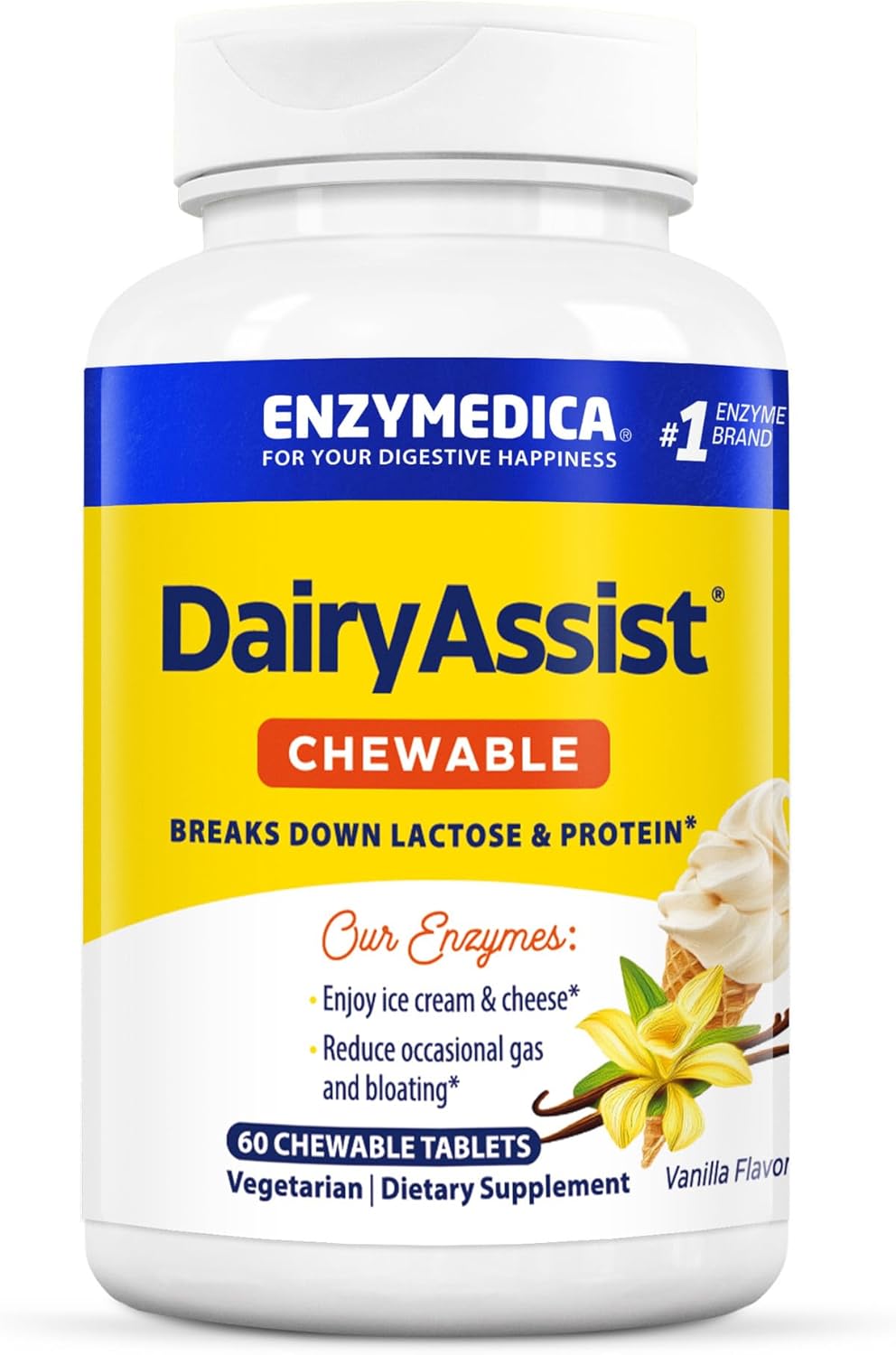 Enzymedica DairyAssist Chewable Enzymes for Lactose Intolerance Relief - 60 Tablets