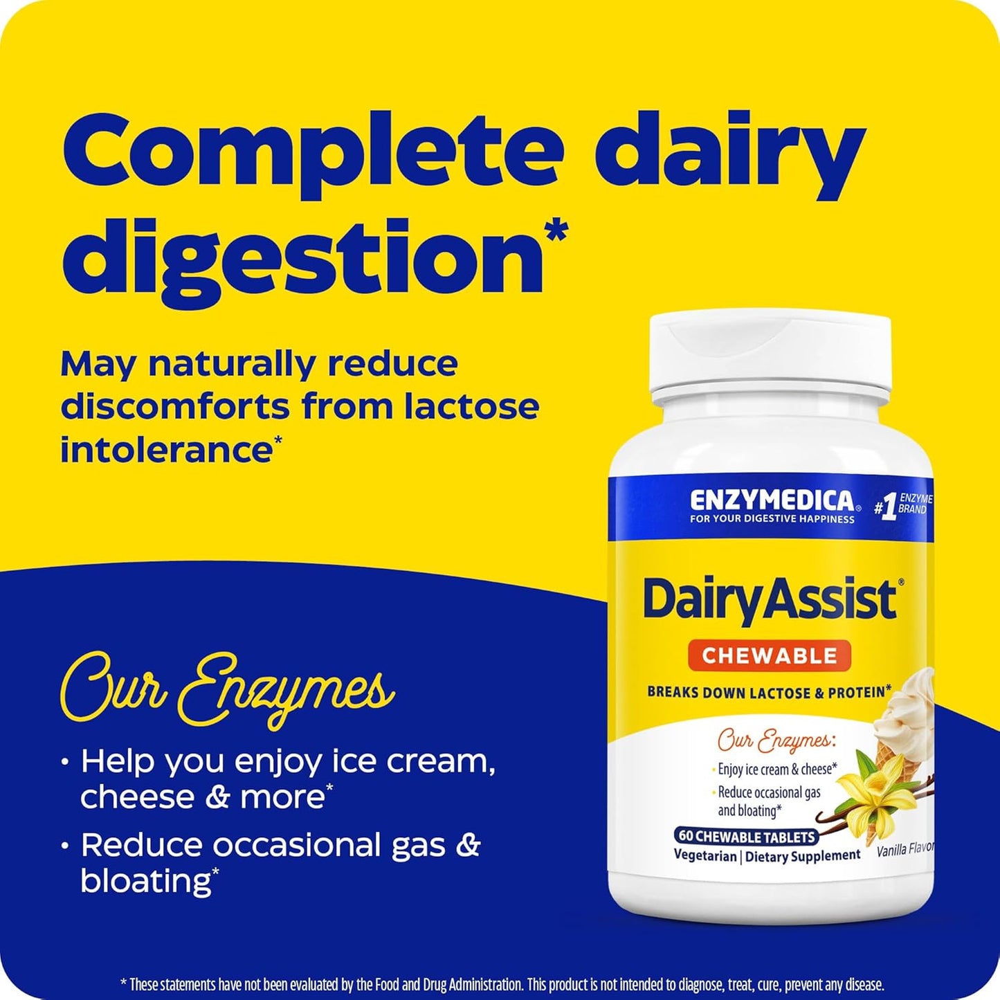 Enzymedica DairyAssist Chewable Enzymes for Lactose Intolerance Relief - 60 Tablets