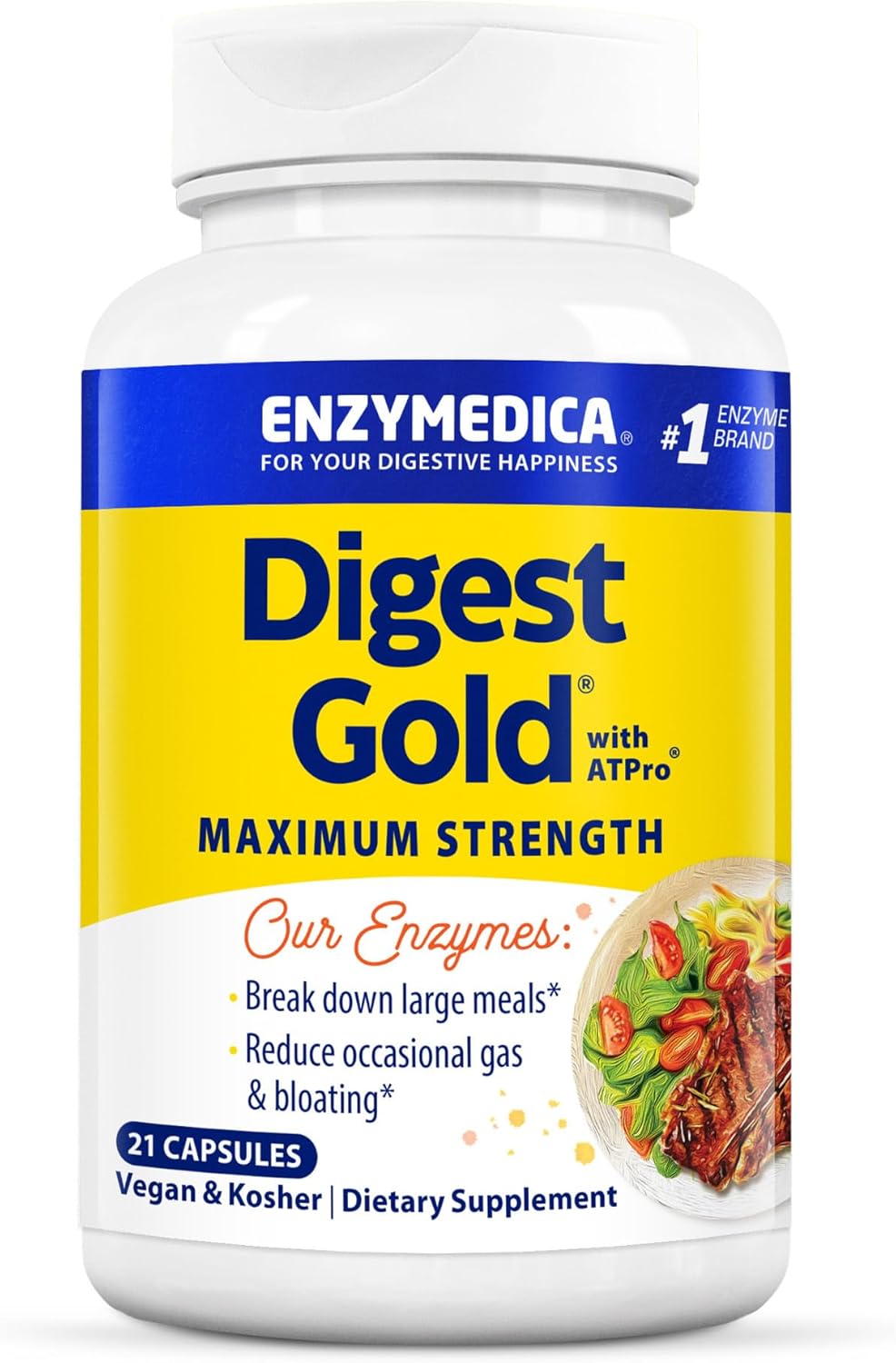 Enzymedica Digest Gold + ATPro Enzyme Formula, 14 Key Enzymes for Bloating and Gas Relief, 21 Capsules