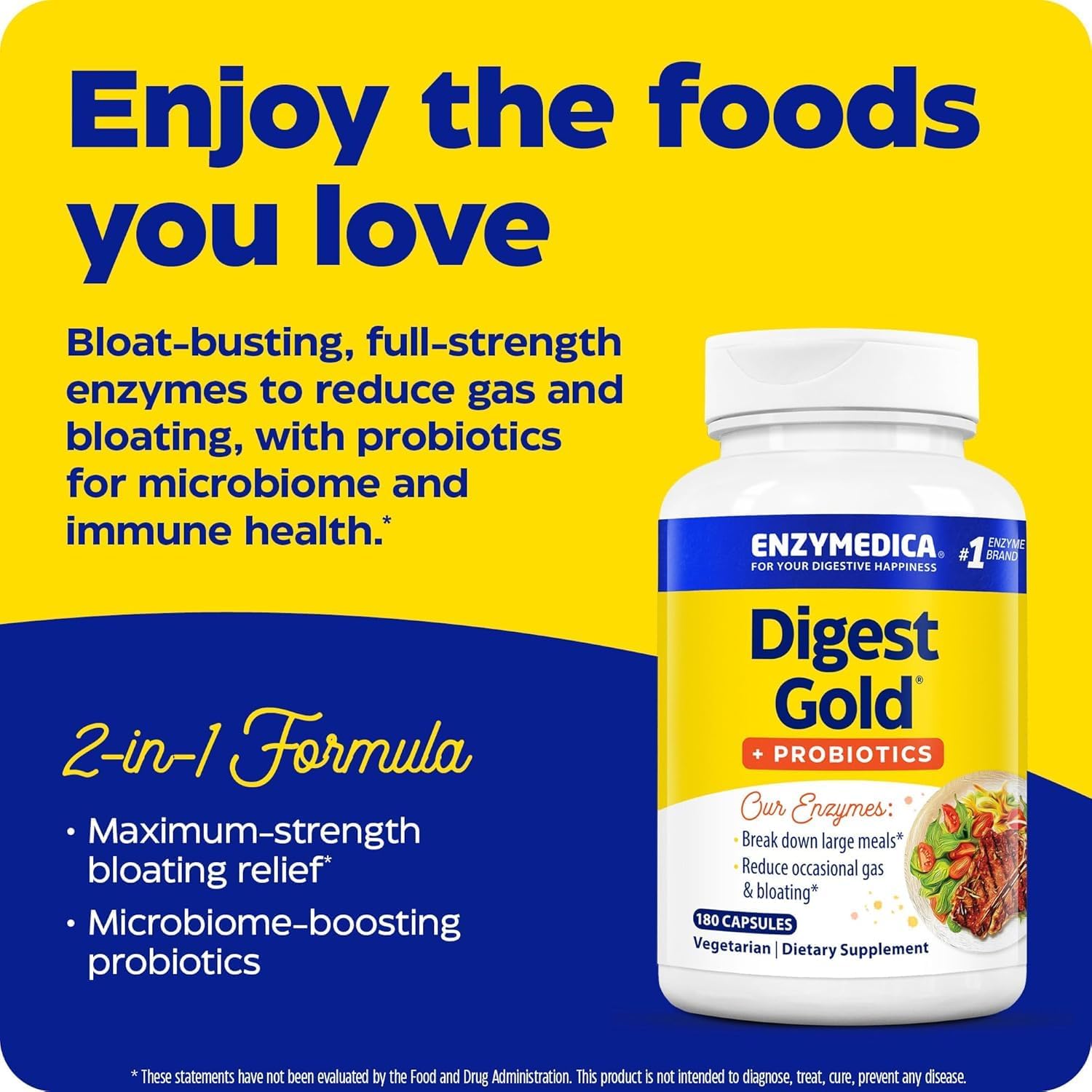Enzymedica Digest Gold + Probiotics: 2-in-1 Gut Health Formula with Digestive Enzymes & 1.5 Billion Probiotic Cultures, 180 Capsules