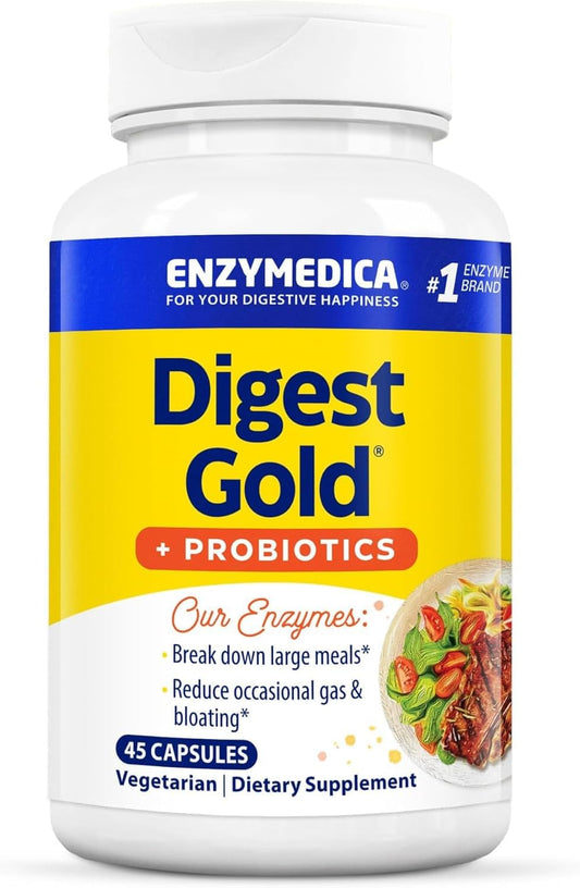 Enzymedica Digest Gold + Probiotics Capsules, 45 Count, 2-in-1 Gut Health Formula with Digestive Enzymes & Active Probiotic Cultures