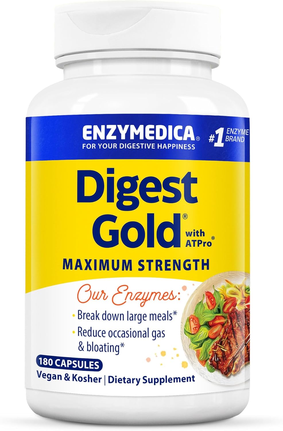 Enzymedica Digest Gold with ATPro - 180 Capsules, Maximum Strength, Fast-Acting Digestive Support for Large Meals, Bloating and Gas Prevention