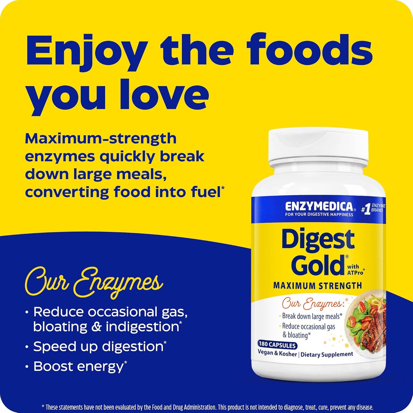 Enzymedica Digest Gold with ATPro - 180 Capsules, Maximum Strength, Fast-Acting Digestive Support for Large Meals, Bloating and Gas Prevention