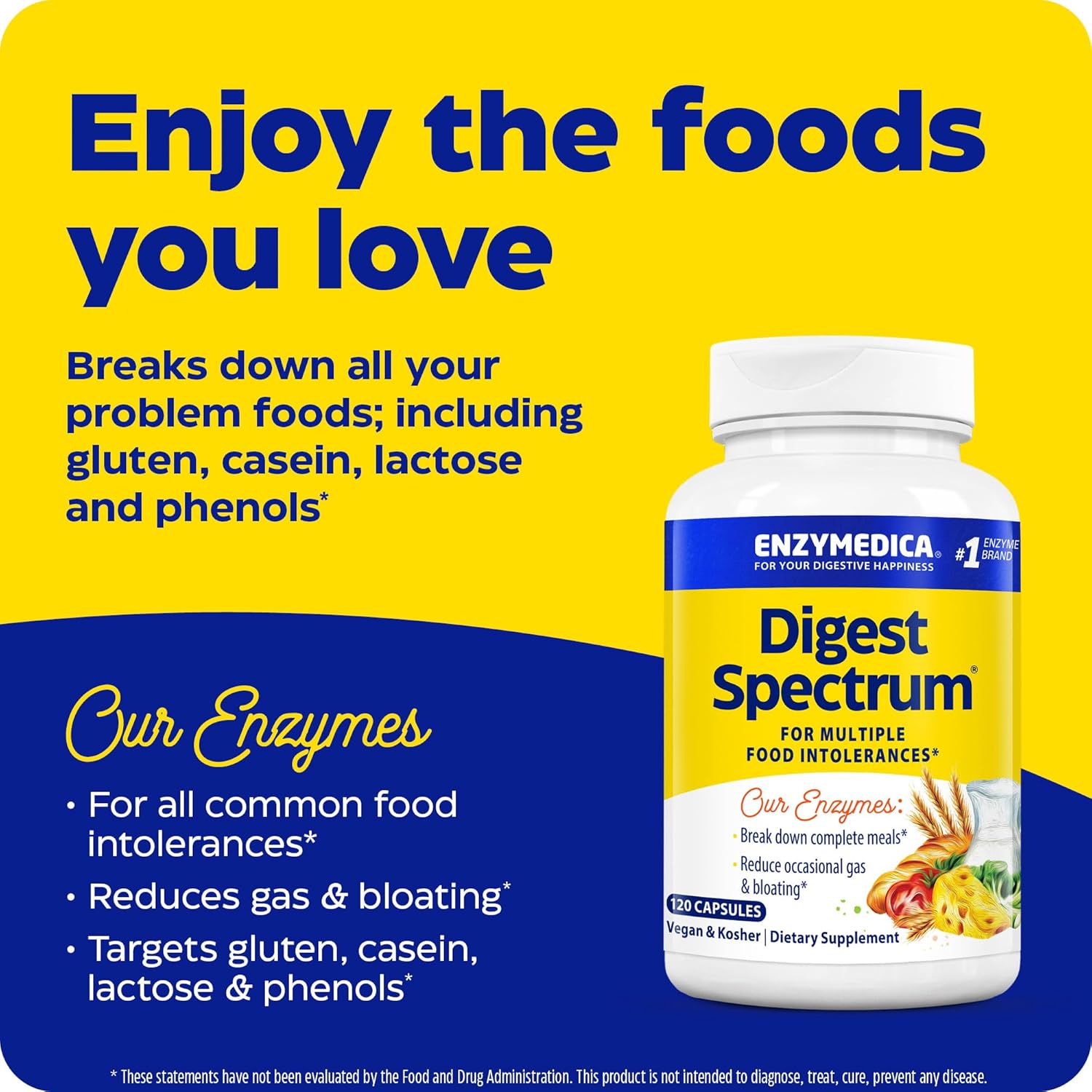 Enzymedica Digest Spectrum Capsules, Fast-Acting Relief for Multiple Food Intolerances, 120ct