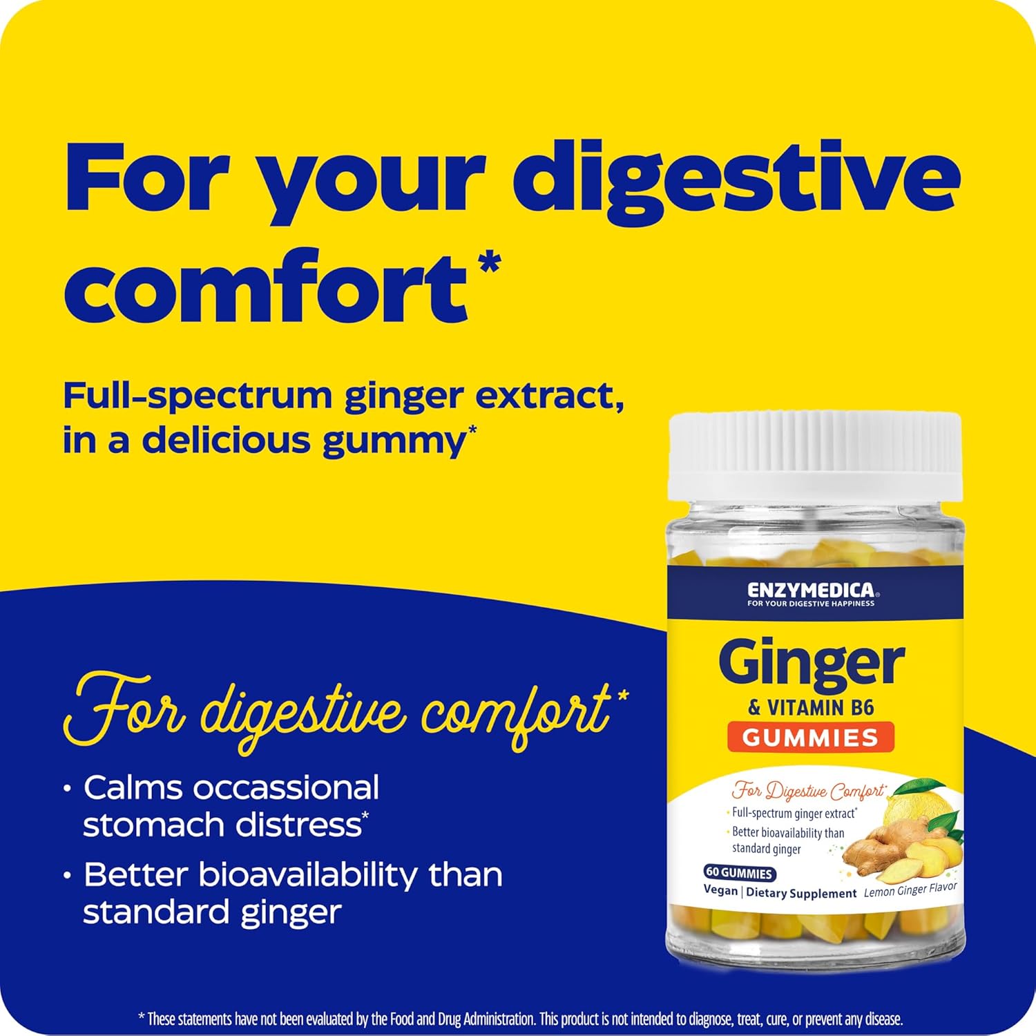 Enzymedica Ginger and Vitamin B6 Gummies - High Potency Support for Nausea and Indigestion - 60 Count