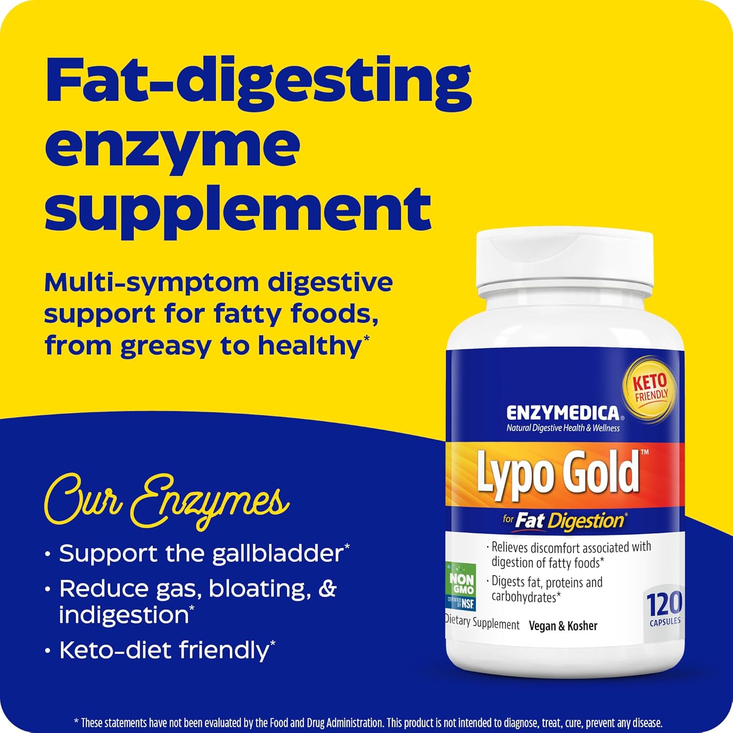 Enzymedica Lypo Gold Digestive Enzymes - Fast-Acting Relief for Gas & Bloating - 120 Count