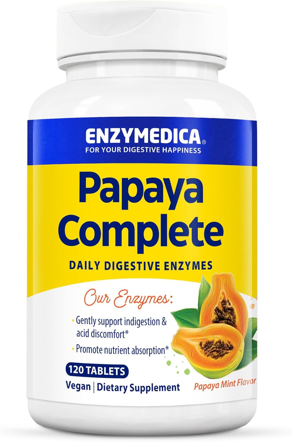 Enzymedica Papaya Complete Chewable Tablets with Organic Papaya and Bromelain for Digestive Support, Mint Flavor, 120 Count, Vegan