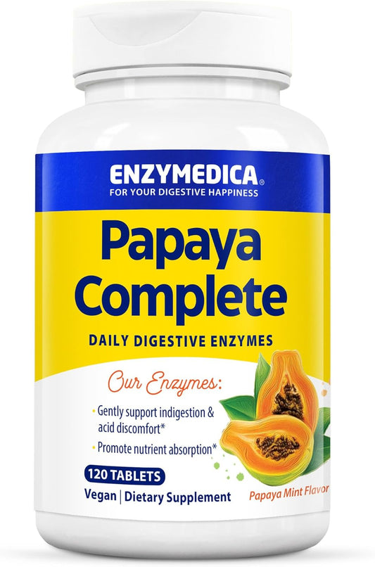 Enzymedica Papaya Complete Chewable Tablets with Organic Papaya and Bromelain for Digestive Support, Mint Flavor, 120 Count, Vegan