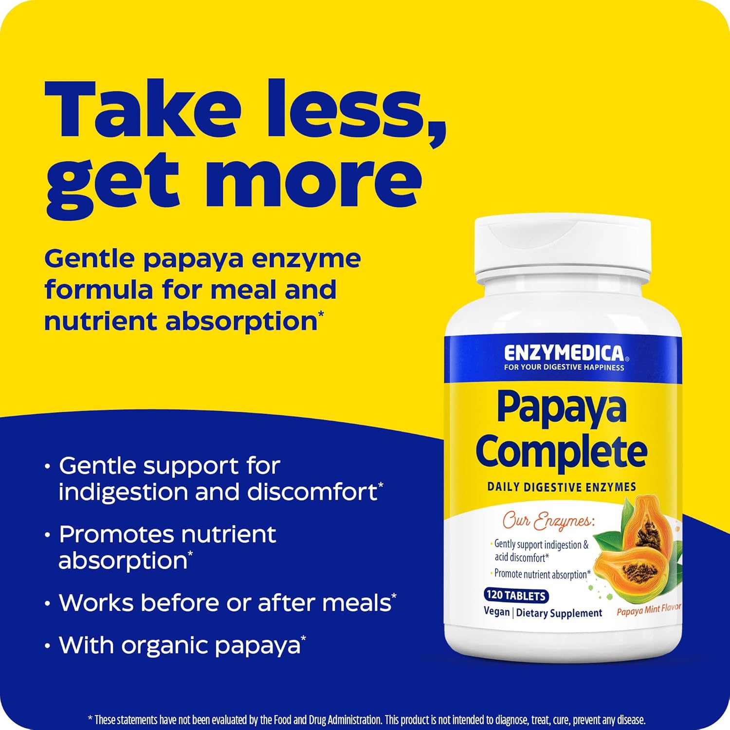 Enzymedica Papaya Complete Chewable Tablets with Organic Papaya and Bromelain for Digestive Support, Mint Flavor, 120 Count, Vegan