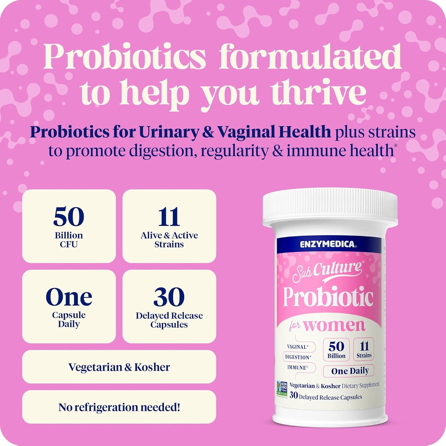 Enzymedica SubCulture Probiotics - Women's Vaginal & Urinary Health - 50 Billion CFU - Immune & Digestive Support - 30 Count