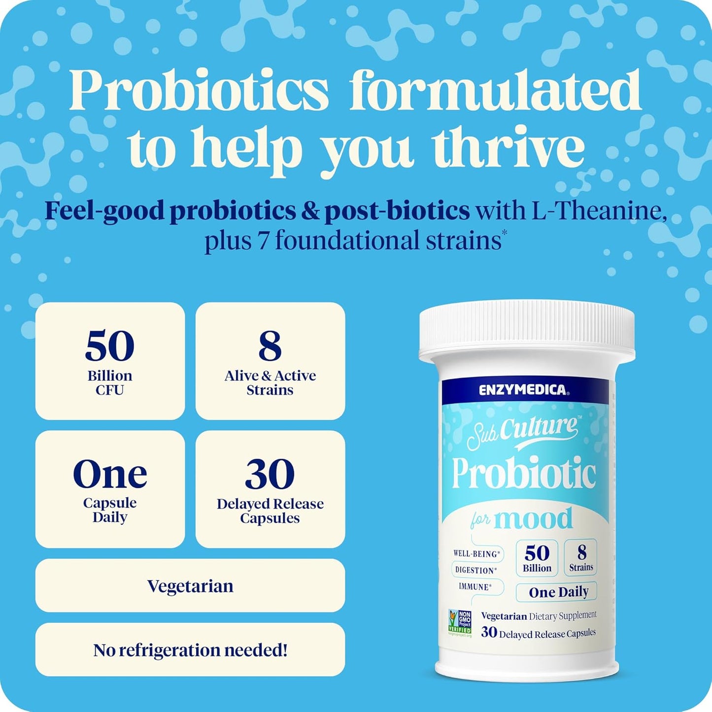 Enzymedica SubCulture Probiotics 50 Billion CFU for Mood, Stress, Sleep - Promotes Relaxation, Immune Health, Digestion & Regularity