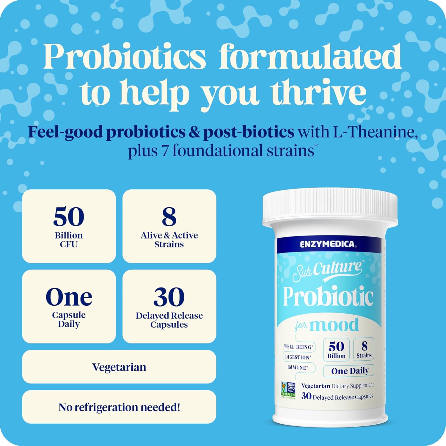 Enzymedica SubCulture Probiotics 50 Billion CFU for Mood, Stress, Sleep - Promotes Relaxation, Immune Health, Digestion & Regularity