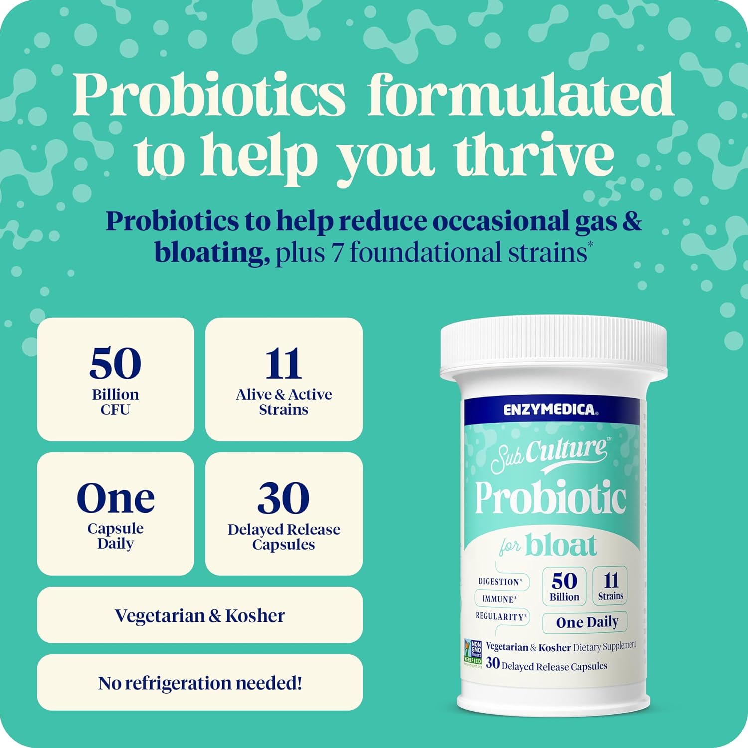 Enzymedica SubCulture Probiotics 50 Billion CFU for Gas & Bloating, Immune & Digestive Support - 30 Count
