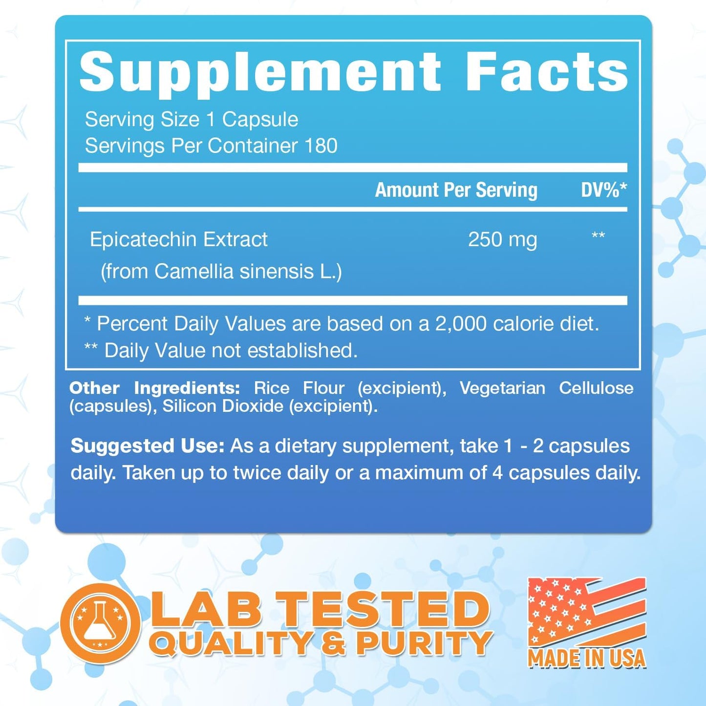 Epicatechin Extract Capsules 250mg | 180 Count | Promotes Lean Muscle Growth & Nitric Oxide Production