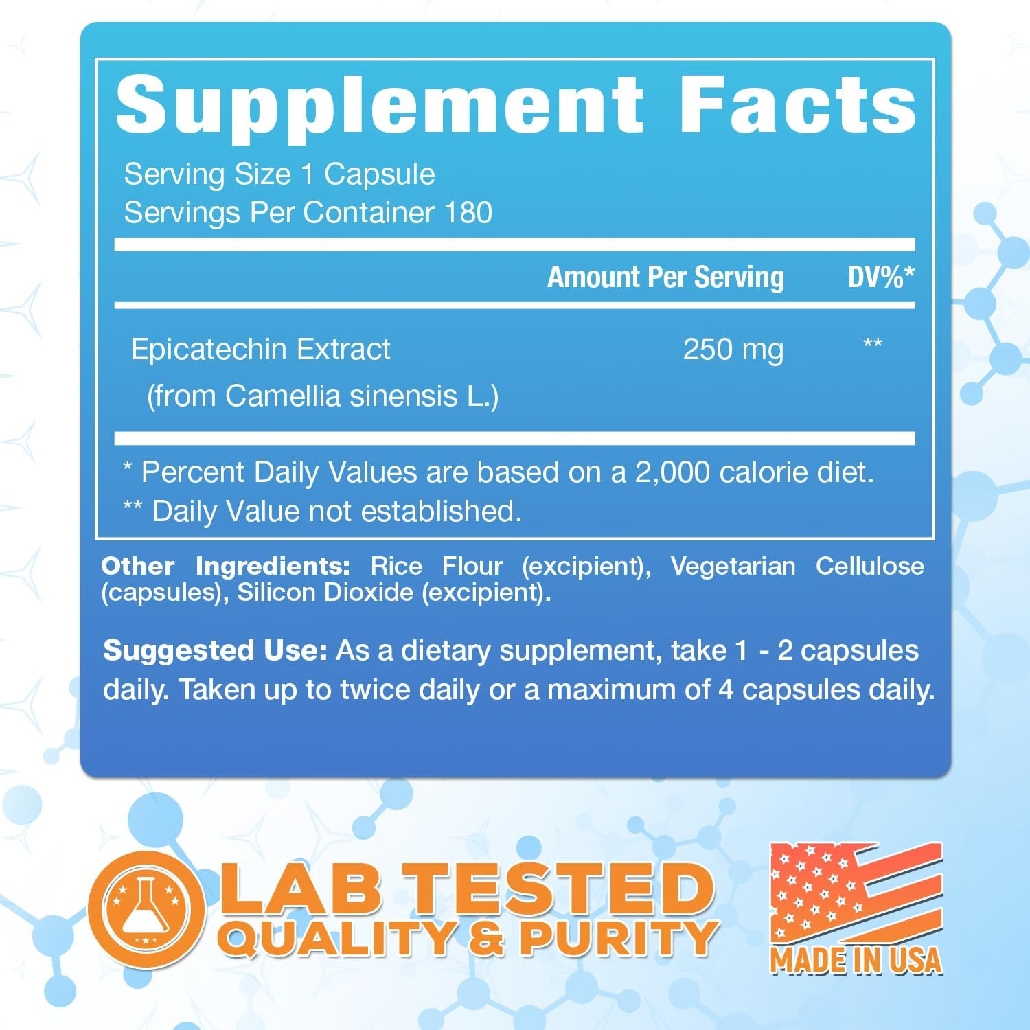 Epicatechin Extract Capsules 250mg | 180 Count | Promotes Lean Muscle Growth & Nitric Oxide Production