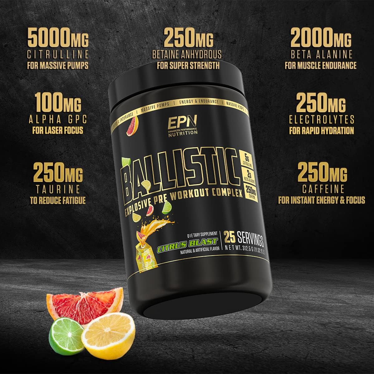 EPN Supplements BALLISTIC Pre Workout Powder - Best Nitric Oxide Booster with Electrolytes, Caffeine, Nootropics - Citrus Blast Flavor for Enhanced Pumps, Focus, Stamina, Energy, Hydration - Men & Women