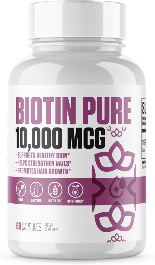 EPN Supplements Biotin Pure 10,000 MCG + Calcium | High Potency Biotin B7 Pills for Hair, Skin & Nails | Vegan Capsules for Men & Women - 60 Servings