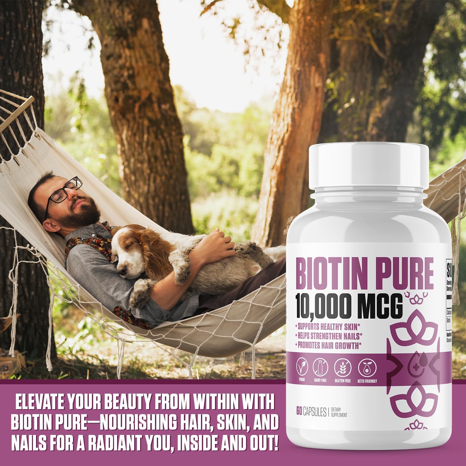EPN Supplements Biotin Pure 10,000 MCG + Calcium | High Potency Biotin B7 Pills for Hair, Skin & Nails | Vegan Capsules for Men & Women - 60 Servings
