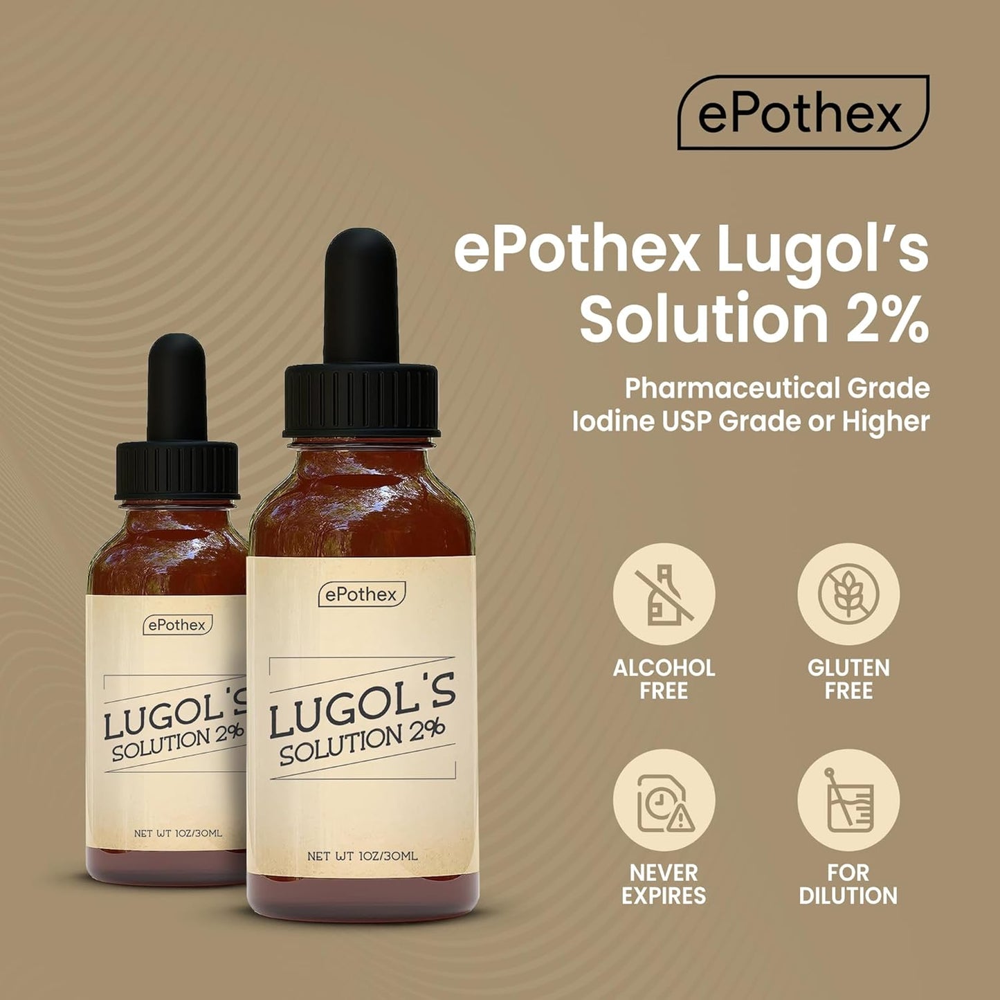 EPOTHEX Lugol's Solution 2% 30ml Glass Dropper Bottle - Potassium Iodide & Iodine