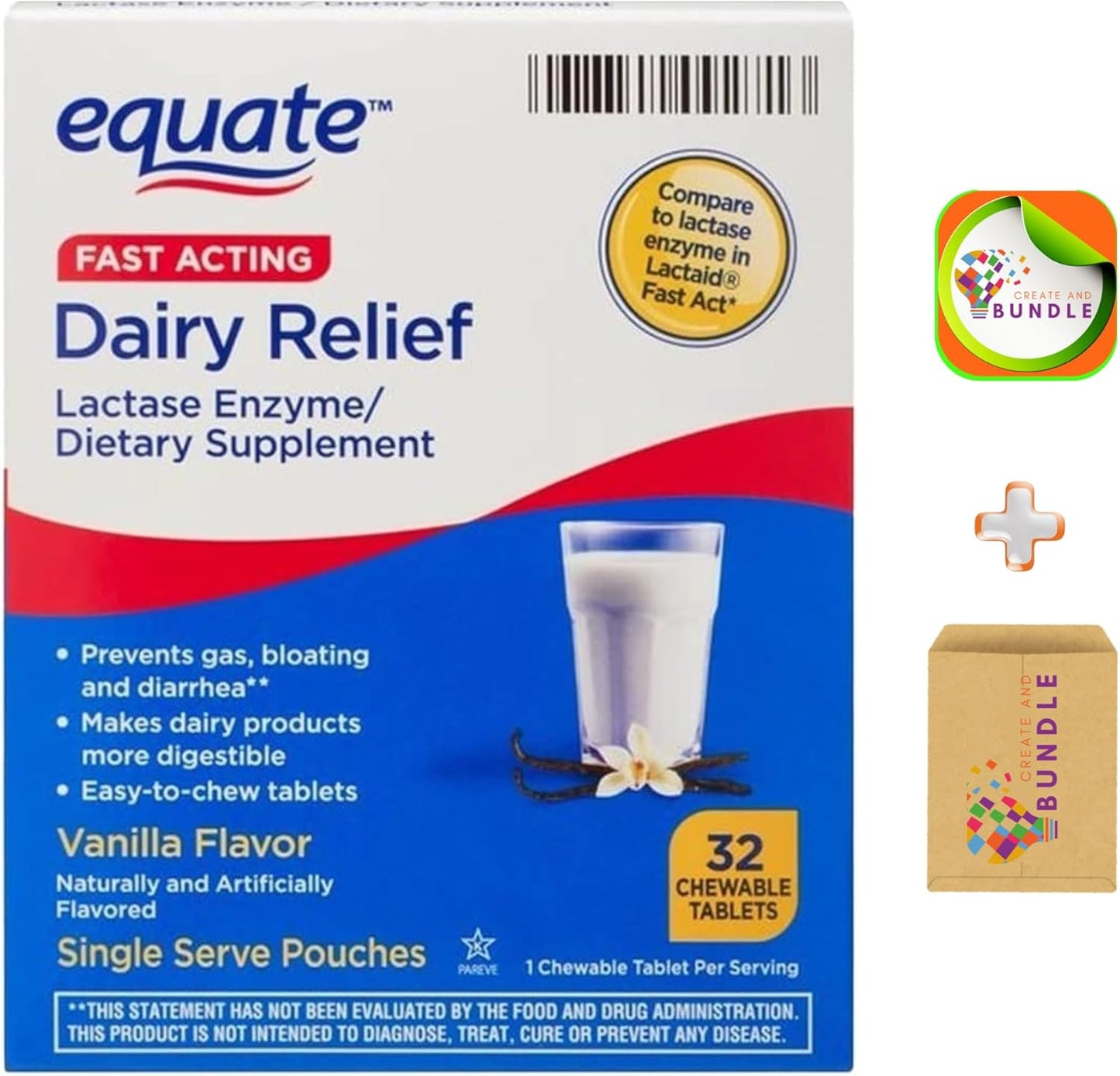 Equate Fast Acting Dairy Relief Lactase Enzyme Chewable Tablets 32 Count Bundle with CreativeAndBundle Sticker