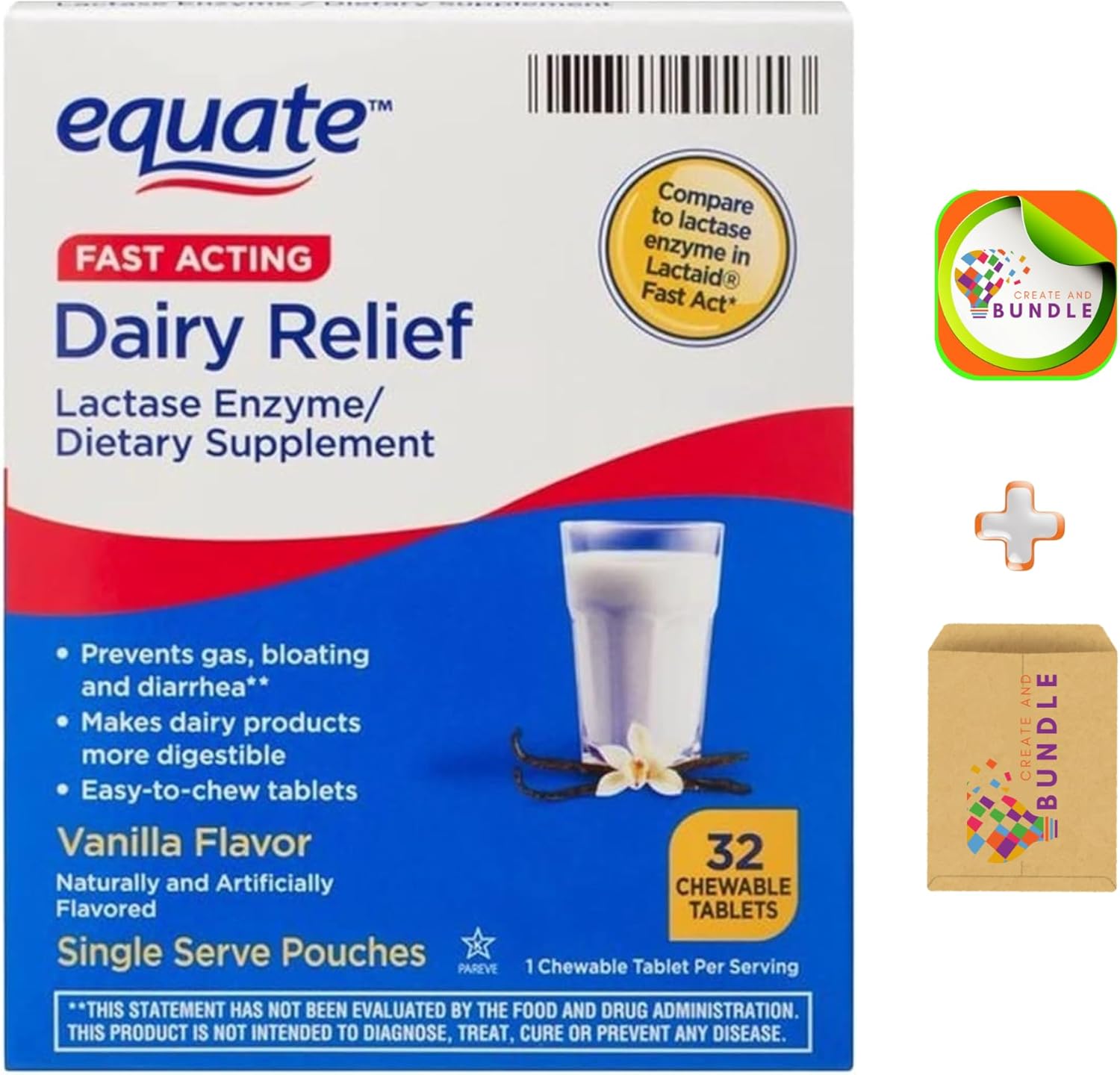 Equate Fast Acting Dairy Relief Lactase Enzyme Chewable Tablets 32 Count Bundle with CreativeAndBundle Sticker