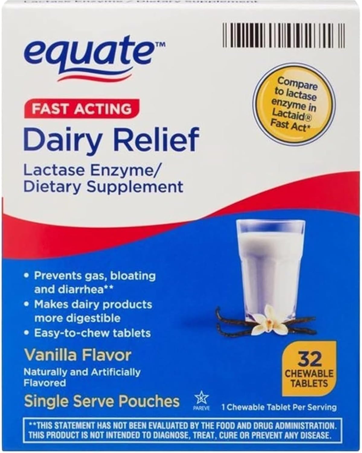 Equate Fast Acting Dairy Relief Lactase Enzyme Chewable Tablets 32 Count Bundle with CreativeAndBundle Sticker