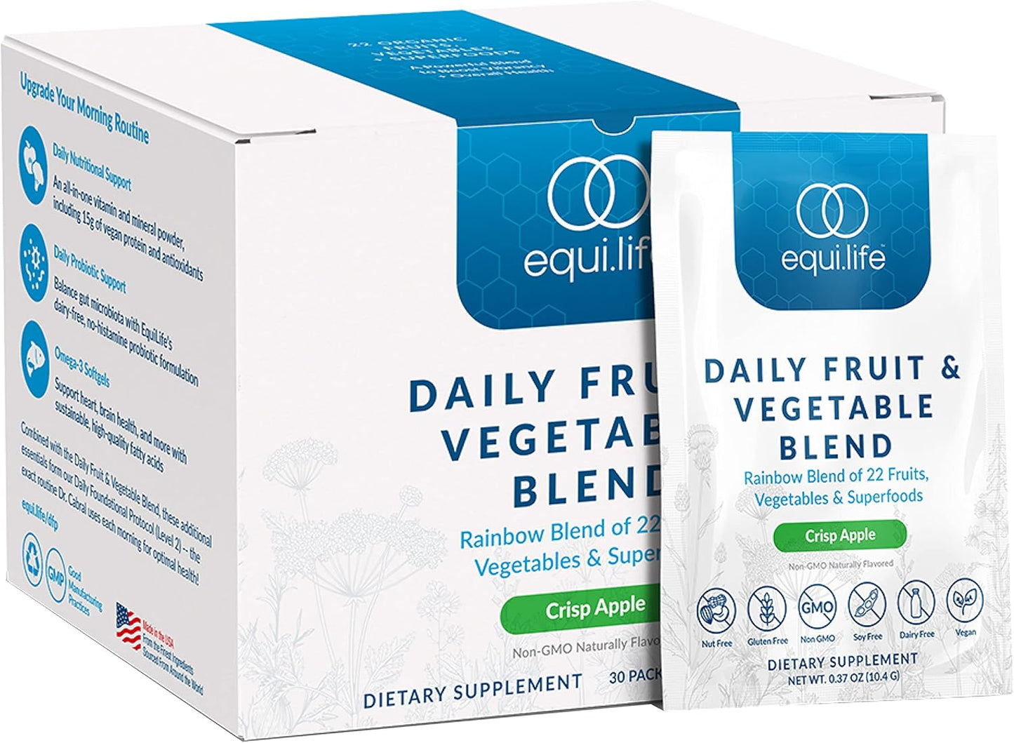 Equilife Daily Fruit & Vegetable Blend with Vitamin C, Amino Acids, Energy Boost, Low-Sugar, Vegan, Non-GMO - Crisp Apple Flavor (30 Servings)
