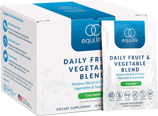 Equilife Daily Fruit & Vegetable Blend with Vitamin C, Amino Acids, Energy Boost, Low-Sugar, Vegan, Non-GMO - Crisp Apple Flavor (30 Servings)