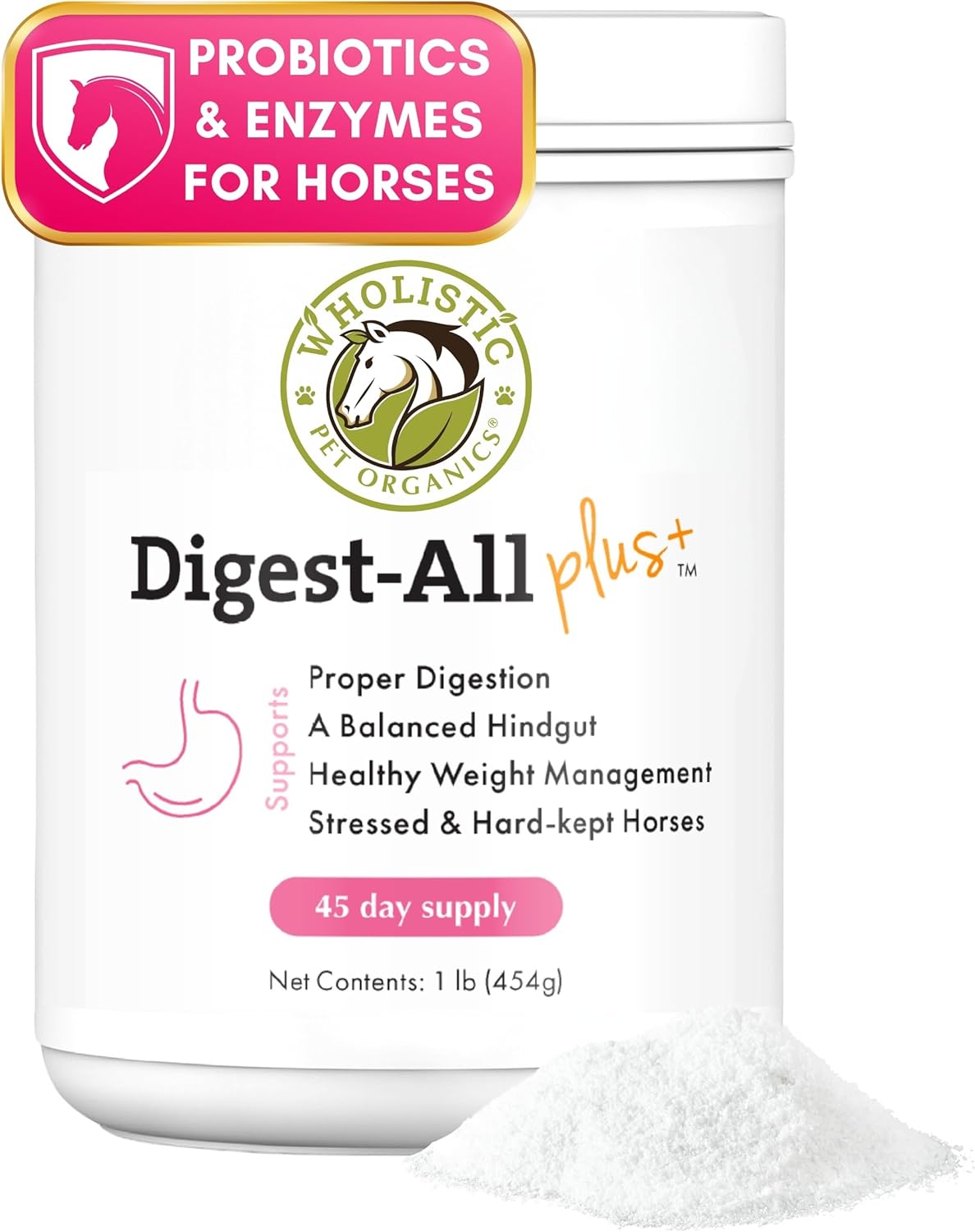 Equine Digestive Supplements: Wholistic Pet Organics Digest-All Plus - 1 Lb Powder for Horse Probiotics, Prebiotics, and Enzymes - Promotes Gut Health, Relieves Gas and Constipation
