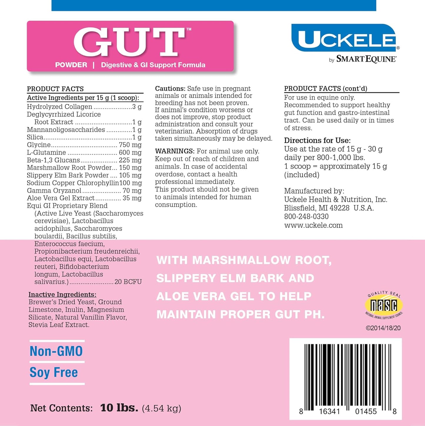 Equine Probiotic Powder for Healthy Horse Gut | Uckele Gut™ Powder by SmartPak | Prebiotic & Probiotic Supplement | 10 lb Bucket