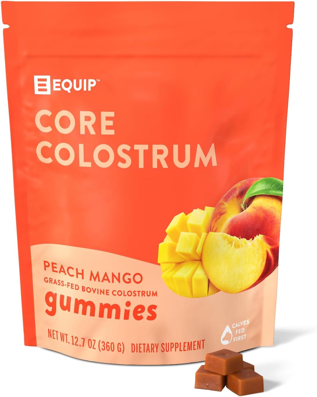 Equip Foods Core Colostrum Gummies - Premium Grass Fed Colostrum for Gut Health, Immunity, Hair, and Skin - Delicious Peach Mango Flavor - 60 Gummies, 30 Servings