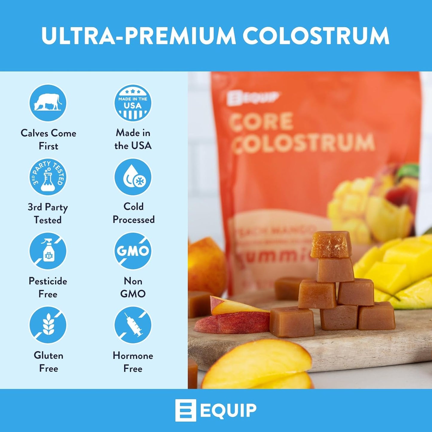 Equip Foods Core Colostrum Gummies - Premium Grass Fed Colostrum for Gut Health, Immunity, Hair, and Skin - Delicious Peach Mango Flavor - 60 Gummies, 30 Servings