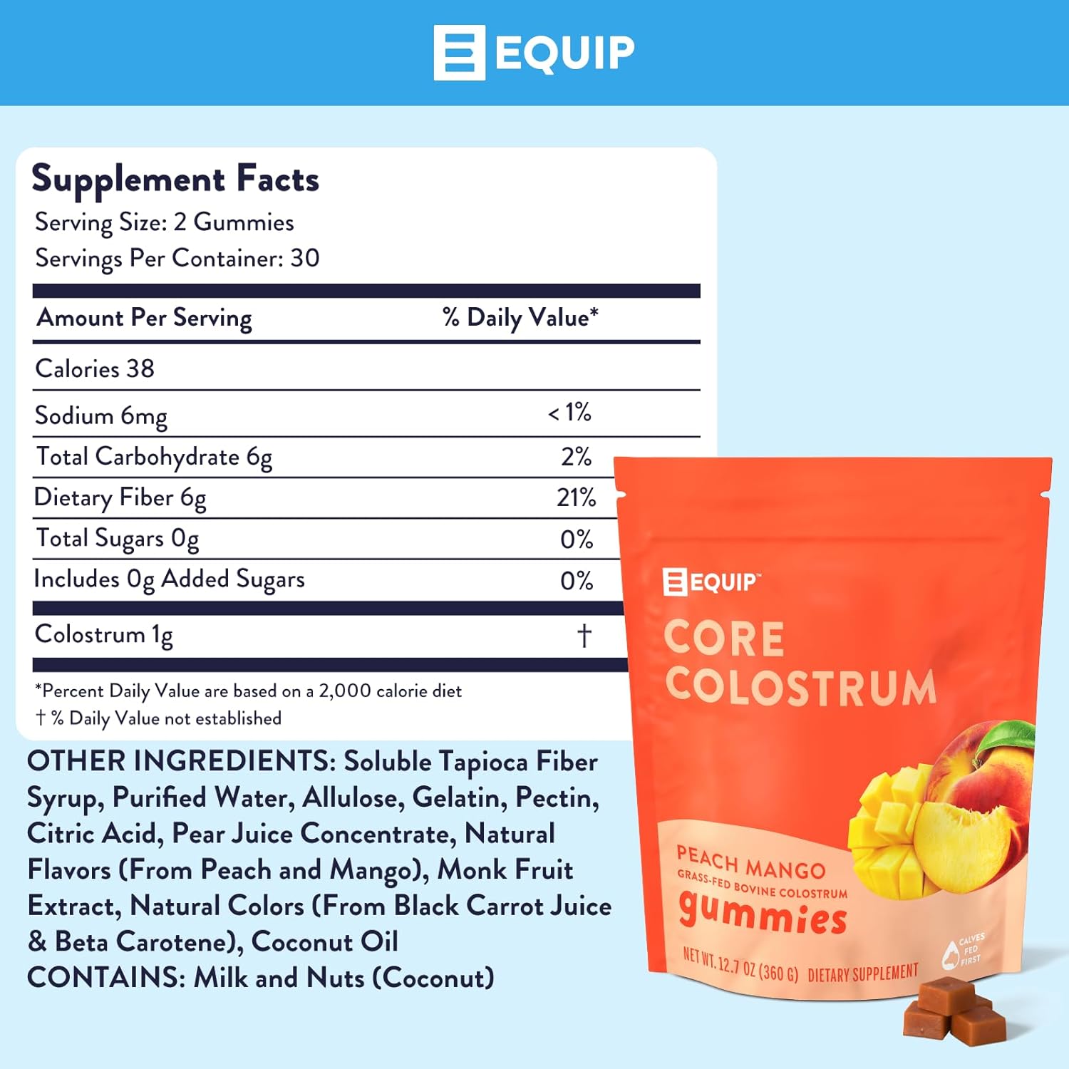 Equip Foods Core Colostrum Gummies - Premium Grass Fed Colostrum for Gut Health, Immunity, Hair, and Skin - Delicious Peach Mango Flavor - 60 Gummies, 30 Servings