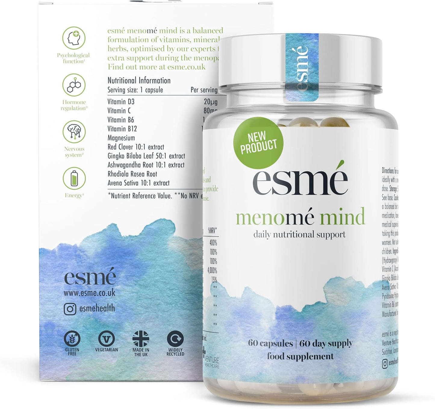 esmé menomé Mind - Menopause Support Capsules with Ashwagandha and Gingko Biloba - 60 Capsules, 2 Month Supply