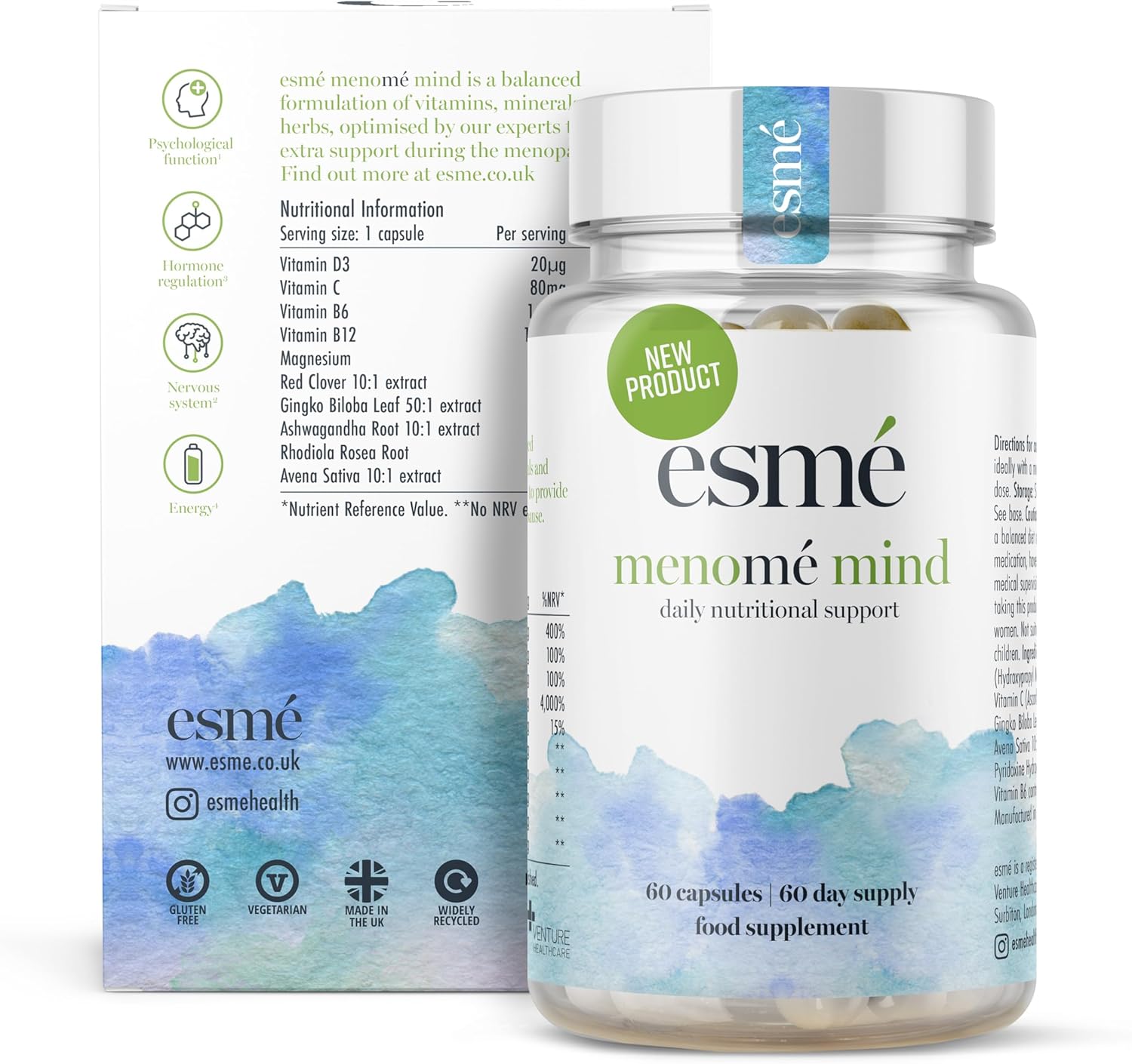 esmé menomé Mind - Menopause Support Capsules with Ashwagandha and Gingko Biloba - 60 Capsules, 2 Month Supply