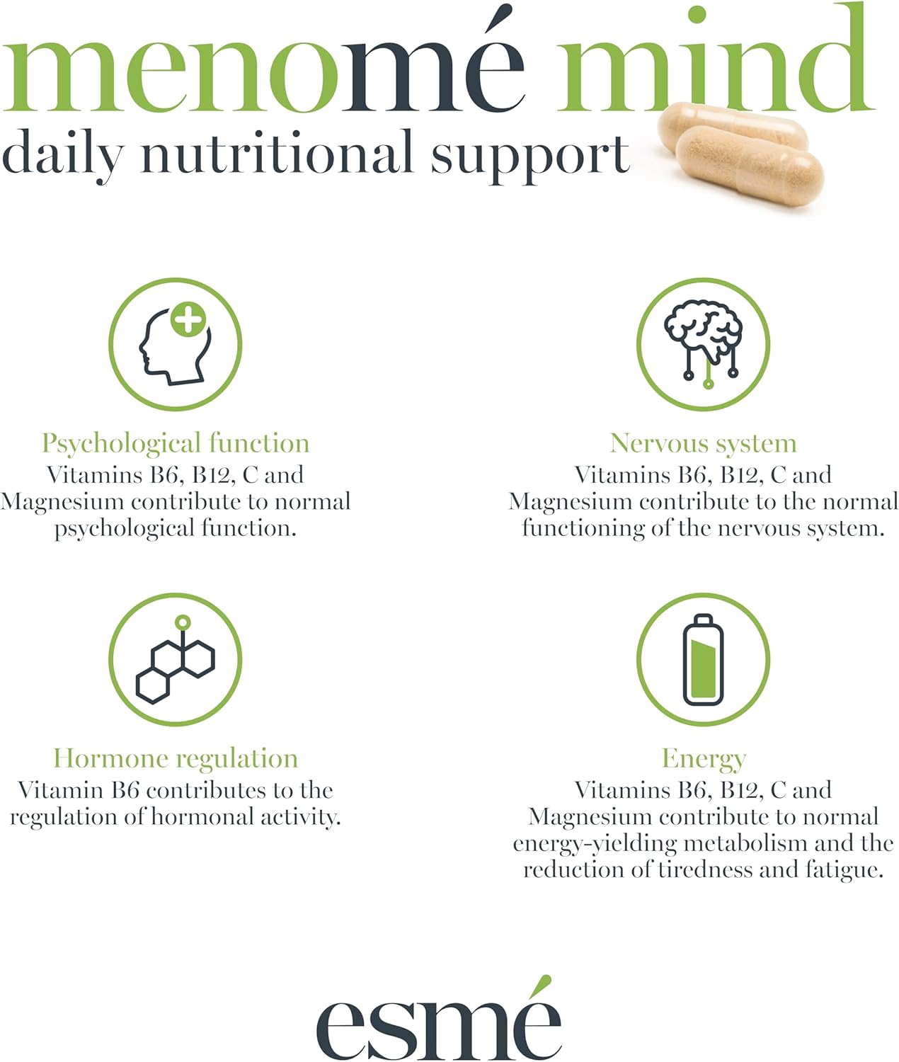esmé menomé Mind - Menopause Support Capsules with Ashwagandha and Gingko Biloba - 60 Capsules, 2 Month Supply