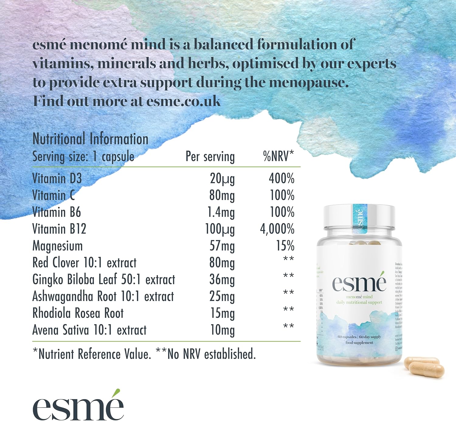 esmé menomé Mind - Menopause Support Capsules with Ashwagandha and Gingko Biloba - 60 Capsules, 2 Month Supply