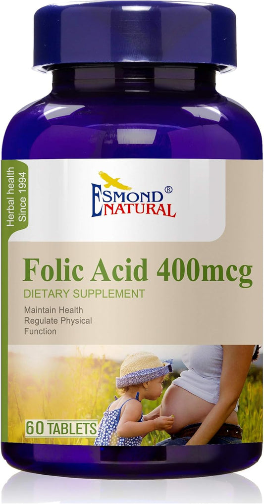 Esmond Natural Folic Acid 400mcg Tablets - Pregnancy Support, Health Functions, GMP Certified, Made in USA