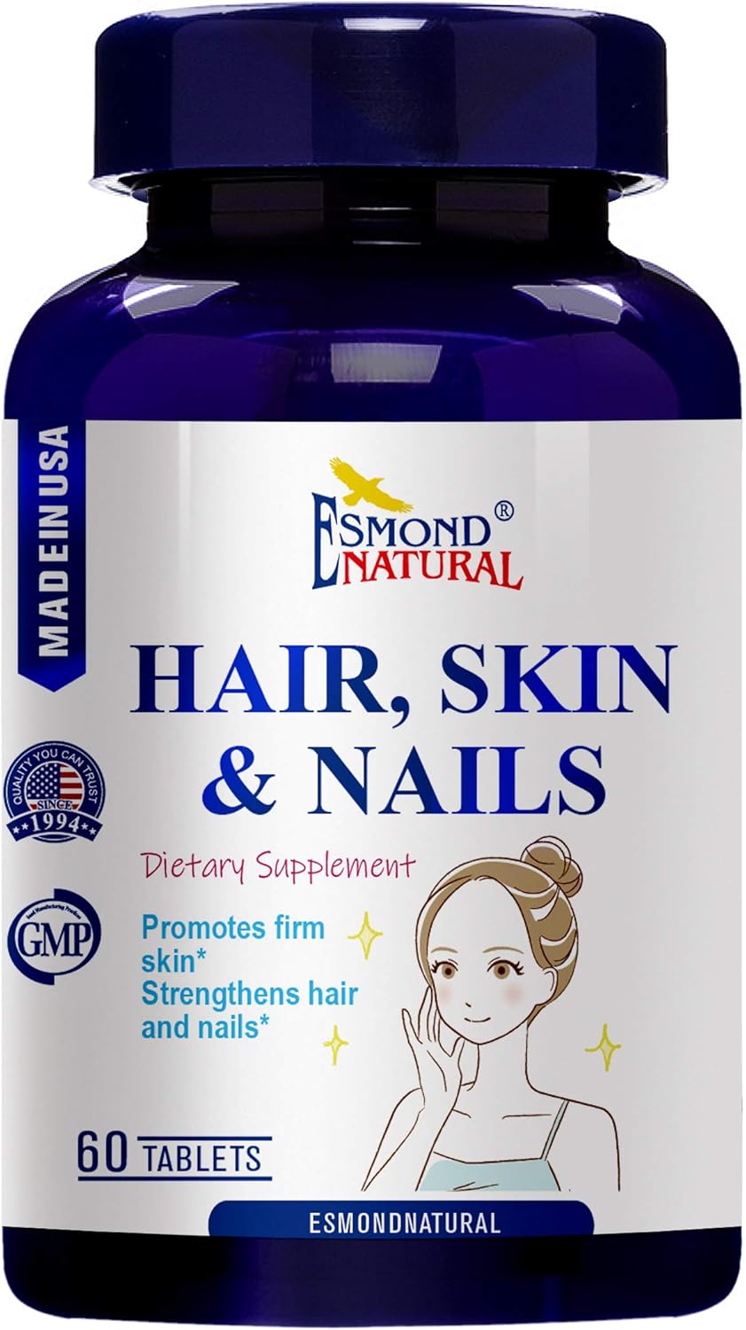 Esmond Natural Hair, Skin & Nails Supplement (5 Pack, 300 Tablets) - Promotes Firm Skin, Strengthens Hair & Nails - GMP Certified - Made in USA