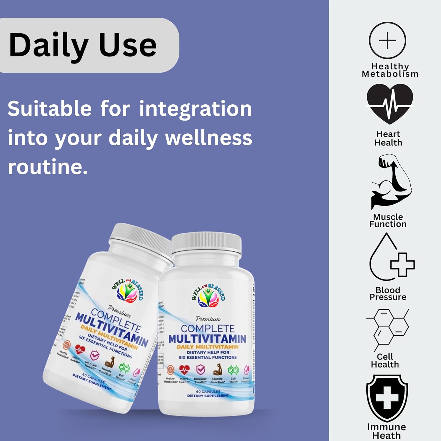 Essential Daily Multivitamin Supplement - 60 Capsules - Immune & Heart Support for Men & Women - Well & Blessed Formula